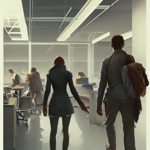 Image similar to human people walking among employee in an office, highly detailed,, artstation hd, deviantart, by madgwick,, greg rutkowski, artgerm