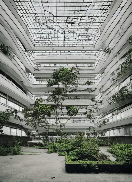 Prompt: “derelict architecture single building , the floor are checkered with plants around the building, building designed by architect Oscar Niemeyer, architecture digest, building surrounded in a luxury environment, bright tones, fluorescent lighting,volumetric Lighting, photorealism, high detail, golden ratio, cinematic, octane renderer”