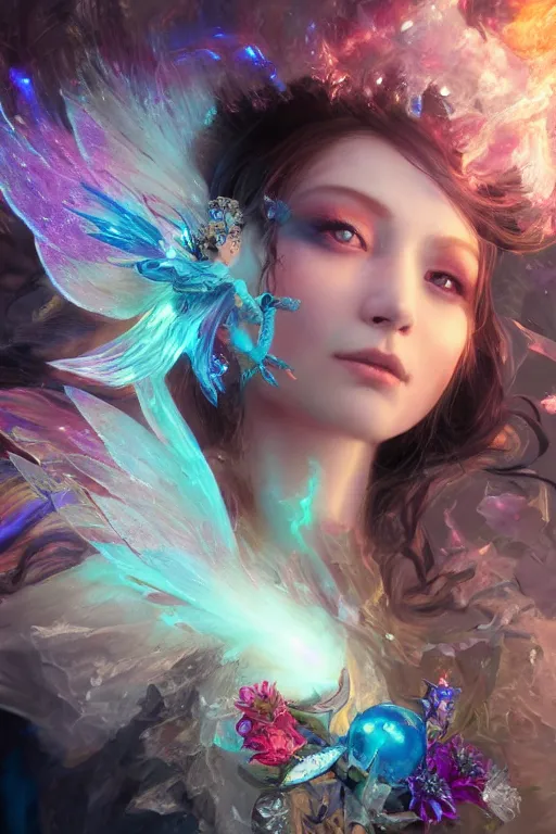 Image similar to face closeup covered with ice of extremely beautiful girl necromancer, magical fairy flowers and ice velvet, diamonds, angels, 3 d render, hyper - realistic detailed portrait, holding fire and electricity rainbow, ruan jia, wlop. scifi, fantasy, magic the gathering, hyper detailed, octane render, concept art, peter mohrbacher