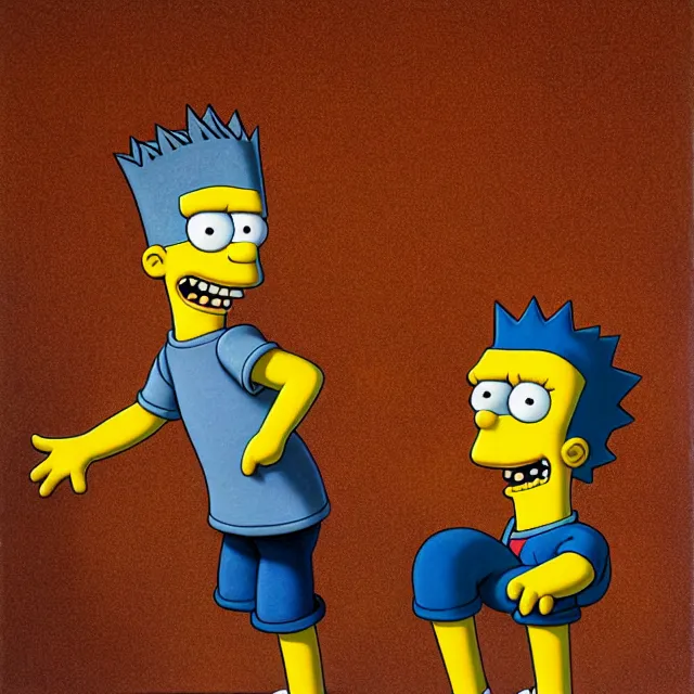 Prompt: portrait of photorealistic bart simpson and milhouse van houten grinning by brad kunkle