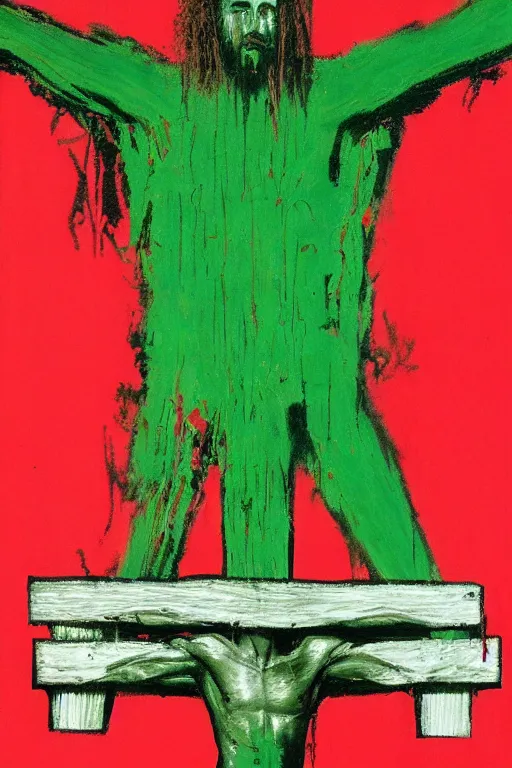 Image similar to green background with bloody christ crucified painted by cy twombly and andy warhol