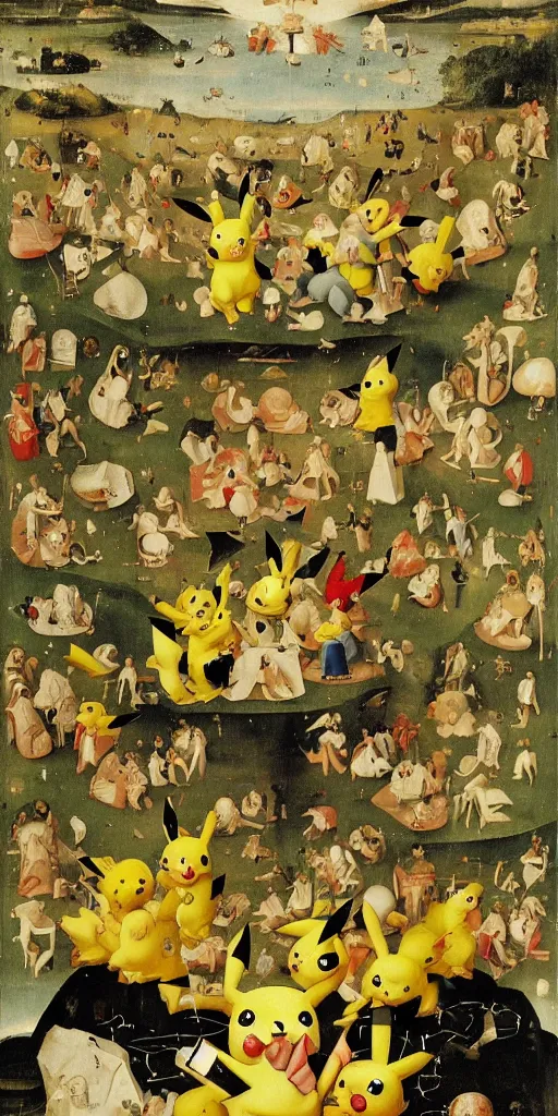 Prompt: pikachu in a landscape full of energy drinks by hieronymus bosch