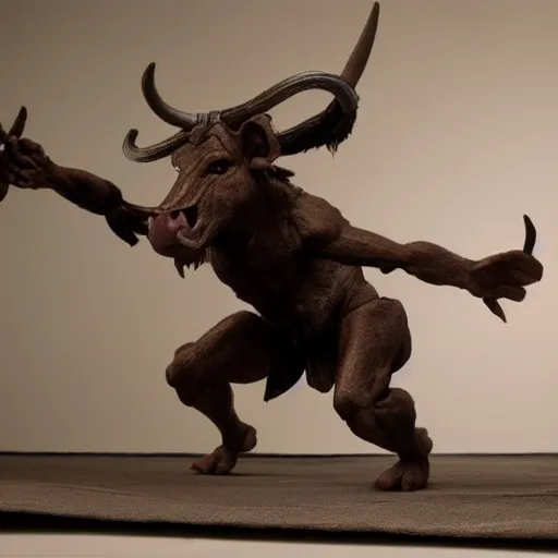 Image similar to a photo of a realistic minotaur stop motion puppet, highly detailed, realistic, cinematic lighting, by ray harryhausen