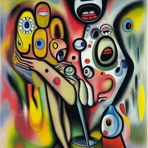 Image similar to Oil painting by Roberto Matta. Strange mechanical beings kissing. Portrait by Takashi Murakami.