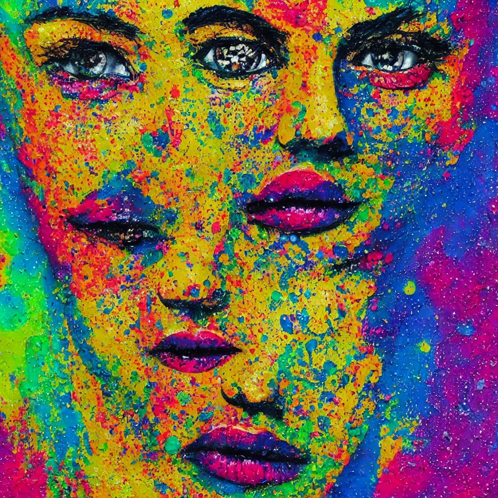 Image similar to intricate face with dots of paint melting in to a colorful painting made of gouache impasto