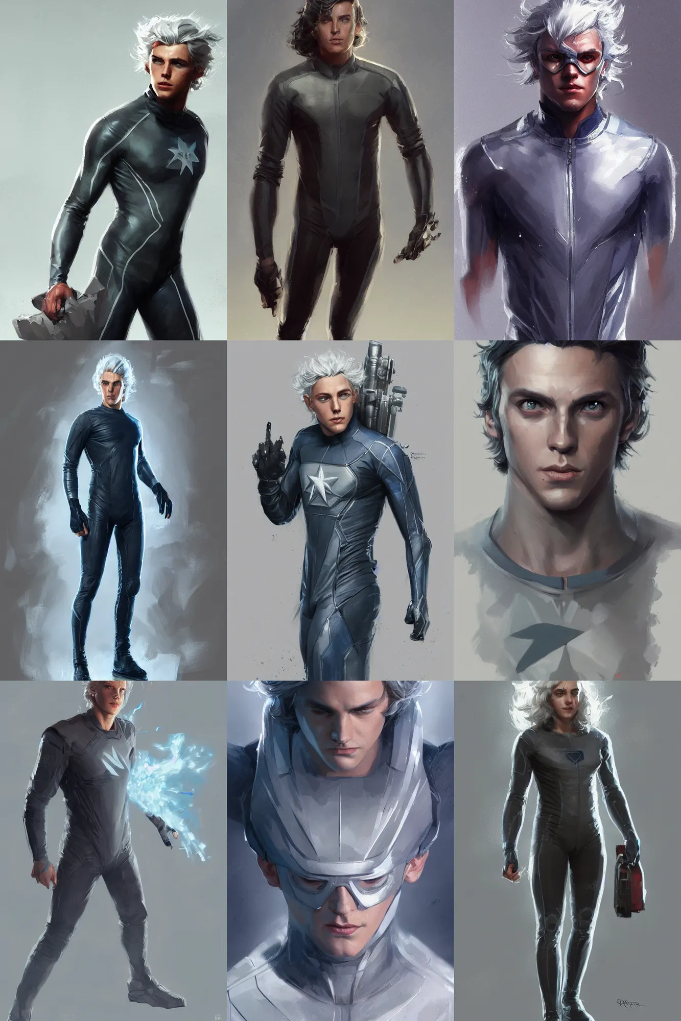 Prompt: full length portrait of quicksilver from marvel by greg rutkowski, highly detailed, portrait, scifi, digital painting, artstation, concept art, smooth, sharp focc