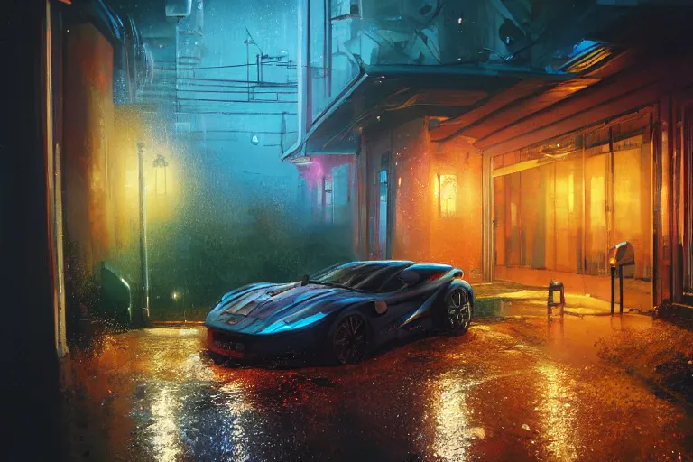 Image similar to cyberpunk, an estate agent listing photo, external view of a detached city house in the UK, it's night time, raining, sports car, by Paul Lehr, highly detailed, photorealistic, unreal engine, 8k, anamorphic, cinestill cinematrography