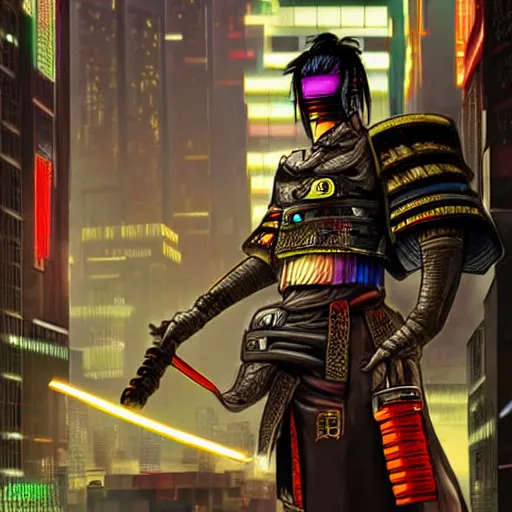 Prompt: photo of a cyberpunk samurai