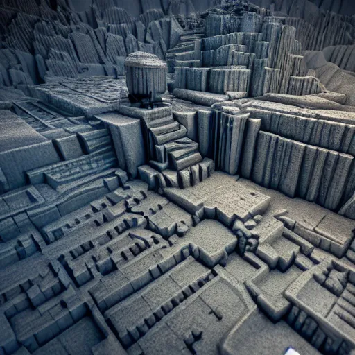 Image similar to inception lovecraft city carved from rock underground another inverted upside down above, hyper realistic realism photorealistic voxel octane render 8 k, cinematic warm volumetric lighting