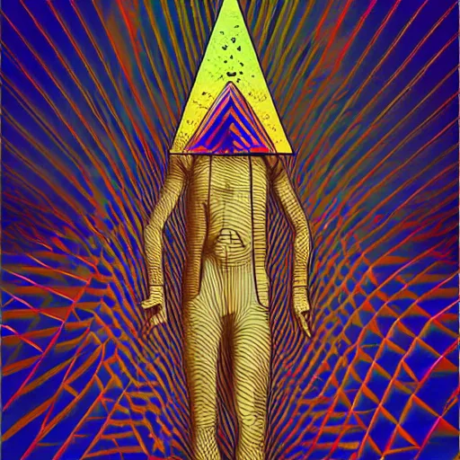 Image similar to man with a pyramid head, psychedelic art, esoteric, optical illusion