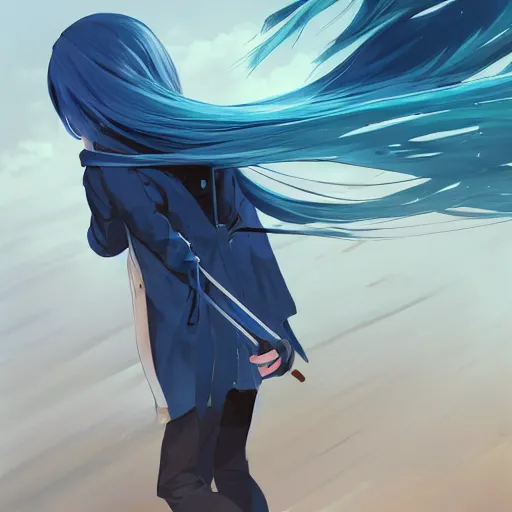 Prompt: low - angle shot from behind of a long light blue - haired girl in a blue tailcoat with a scabbard, combat boots, noir, sharp focus, intricate, illustration, cell shaded, digital painting, highly detailed, straight hair, art by ilya kuvshinov, wlop, greg rutkowski, studio quality, makoto shinkai, james jean