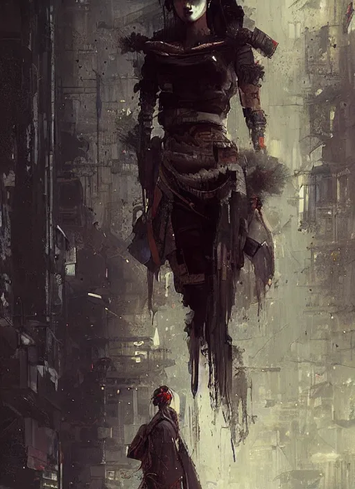 Image similar to cyberpunk geisha, rule of thirds, intricate outfit, spotlight, by greg rutkowski, by jeremy mann, digital painting