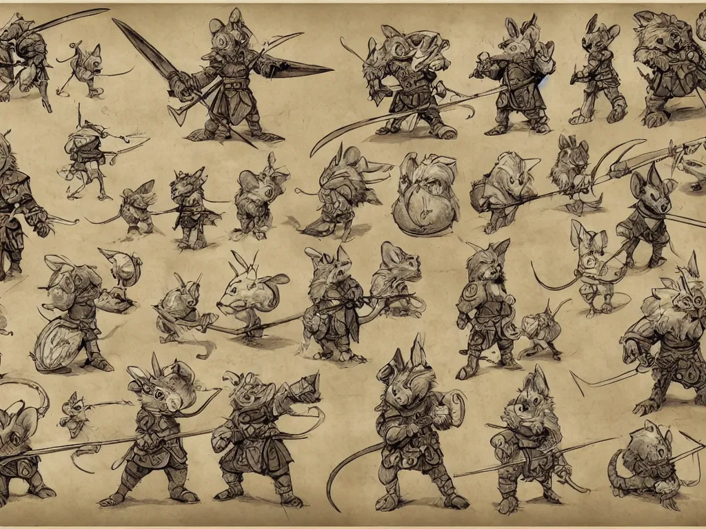 Image similar to character design sheet for a heroic mouse knight with sword and shield on a parchment background, redwall, greg rutowski and jean baptiste monge, very very detailed, epic fantasy concept art