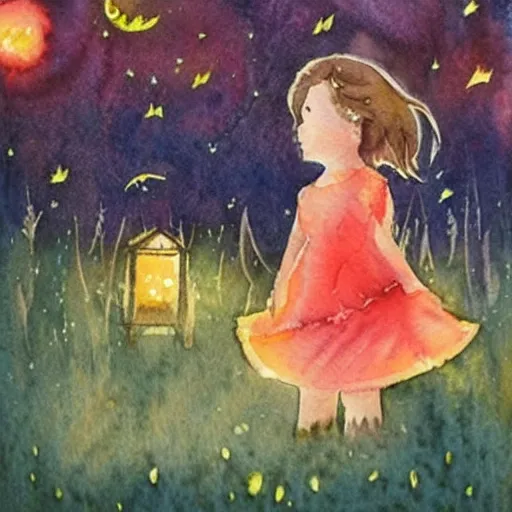 Prompt: A little girl with wavy brown hair with a happy expression wearing a summer dress dancing with fireflies, she is in the distance. beautiful watercolor painting.