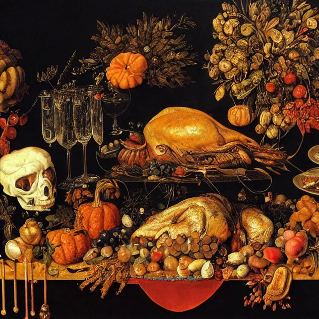 Prompt: thanksgiving supper, black background, still life by giuseppe arcimboldo, vanitas, intricate high detail masterpiece