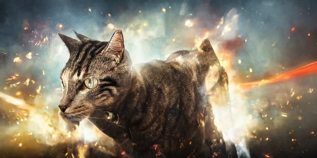 Image similar to cyborg cat, on a horse, an explosion on the background, punished, war, hyperrealistic, sharp focus, award winning photo