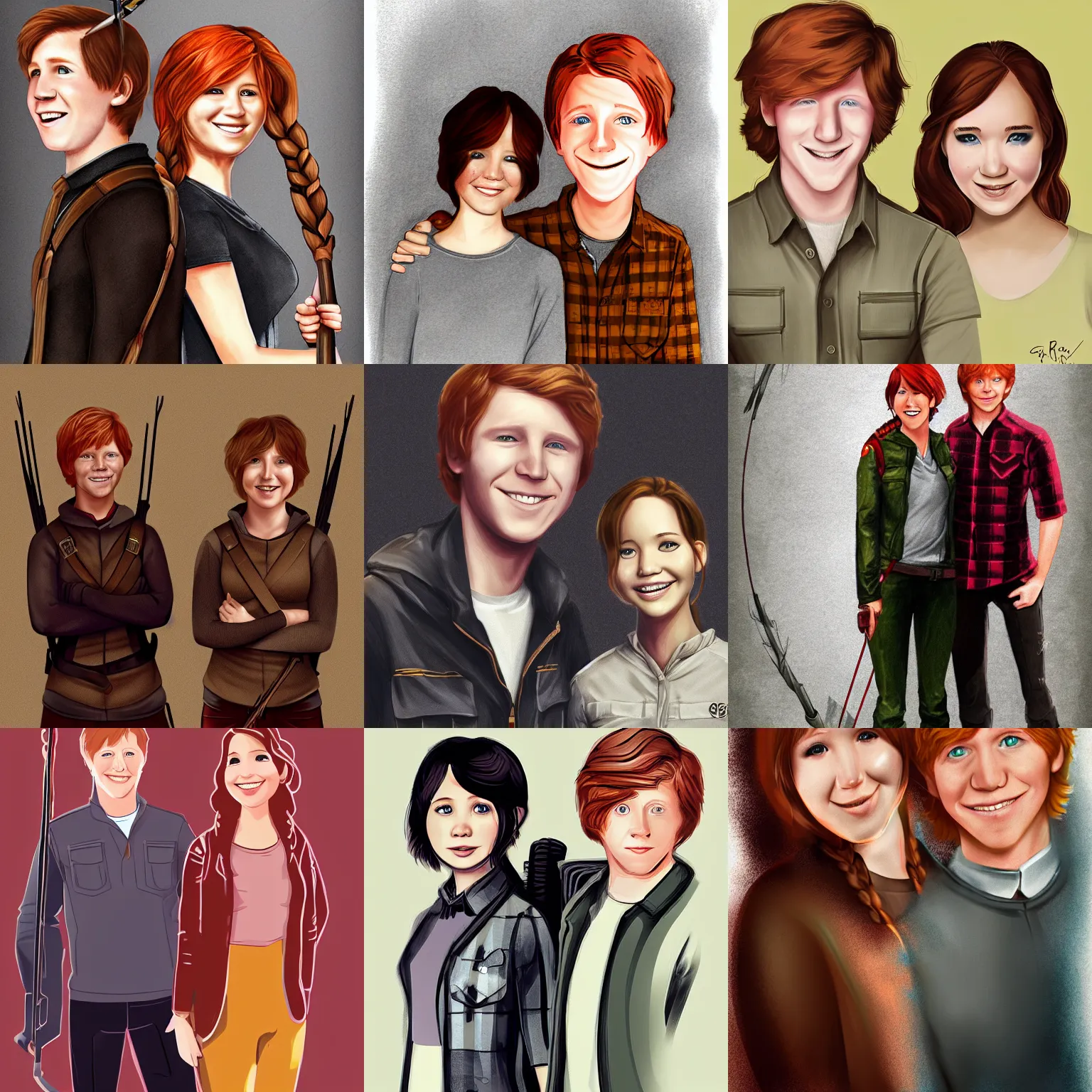 Prompt: Katniss Everdeen standing next to Ron Weasley, both smiling for the camera, digital art by Grey Rutkowski