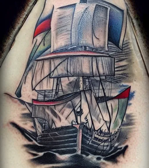 Image similar to A realistic painting of a pirate ship, realism tattoo design, highly detailed tattoo, shaded tattoo, hyper realistic tattoo