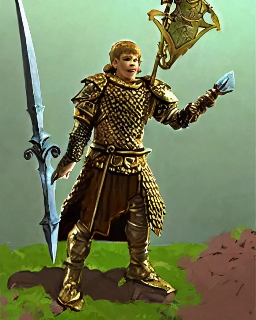 Prompt: beverly toegold the fifth, epic level dnd male halfling verdant paladin of the ancients and green teen, wielding a golden holy sword, wearing magical gleaming chainmail armor. full character concept art, realistic, high detail digital gouache painting by angus mcbride and michael whelan and jeffrey jones
