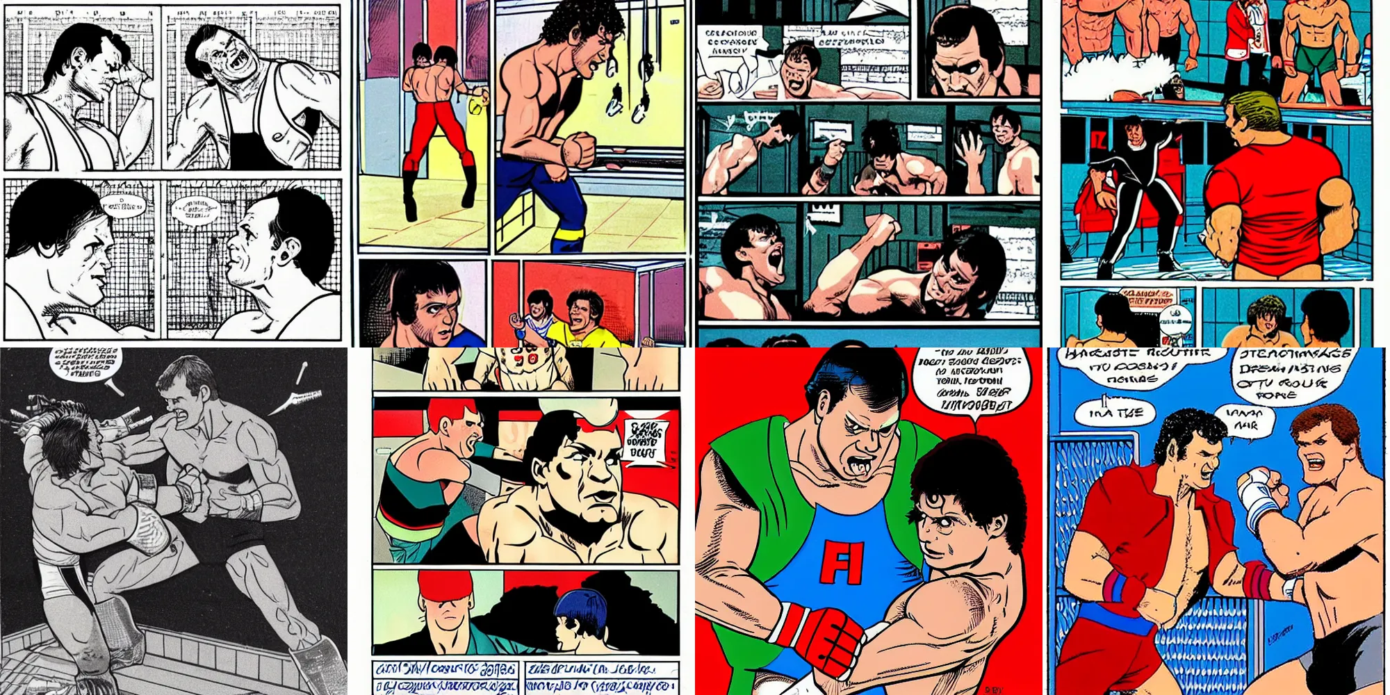 Prompt: jacques rougeau fighting the dynamite kid in a locker room, 1 9 8 4, 1 9 8 4, wwf, locker room, missing teeth, drawn by steve mcniven