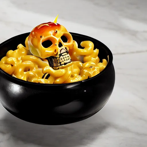 Prompt: a bowl made out of a cyborg android skull filled with delicious mac n' cheese. photograph from a restaurant menu.