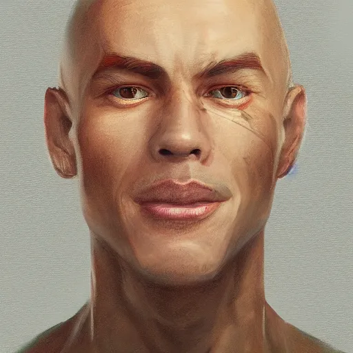 Image similar to a head - on detailed oil portrait of a round - faced bald male martial artist with a friendly smile, by charlie bowater, lise deharme, wlop, trending on artstation, dungeon and dragons art, critical role