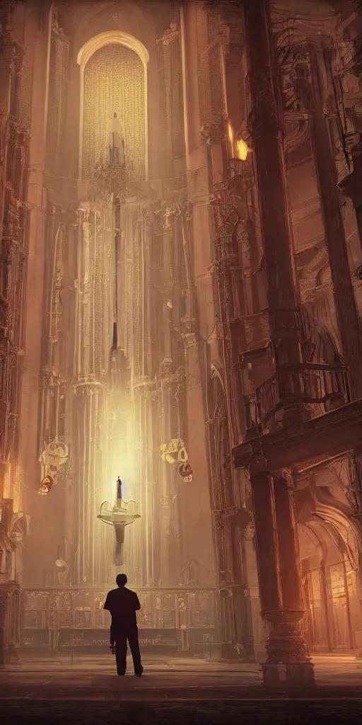 Image similar to Illustration of a man in a retro futuristic Moebius inspired costume standing in a catholic cathedral and watching up a giant bell with pipes coming from it, low camera, dark souls, realistic, octane rendered, uplight, unreal engine, paint textures, highly detailed