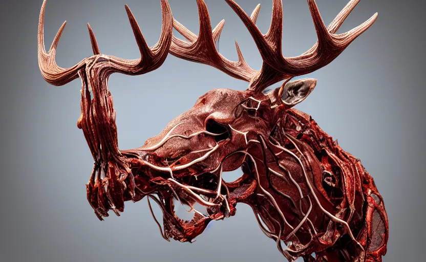 Image similar to stylized shiny polished silver statue full body bizarre cosmic horror quadruped animal moose deer skull four legs made of slug creature tendrils, perfect symmetrical body, perfect symmetrical face, hyper realistic, hyper detailed, by johannen voss, by michelangelo, octane render, blender, 8 k, displayed in pure white studio room anatomical deep red arteries veins flesh