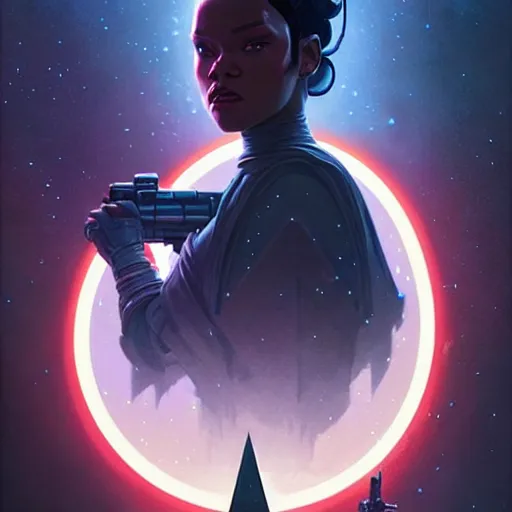 Image similar to star wars with lord Rihanna profile picture by Greg Rutkowski, intricate details, futuristic, volumetric lights, streetwear, studio ghibli, Organic Painting , Matte Painting, geometric shapes, hard edges, trending on the artstation, fantasy LUT, realistic by Sachin Teng + Martin Grip + Moebius + Patrick Gleason, smooth, sharp focus, illustration, art by John Collier and Albert Aublet and Krenz Cushart and Artem Demura and Alphonse Mucha, techwear, Industrial Scifi, detailed illustration, character portrait,