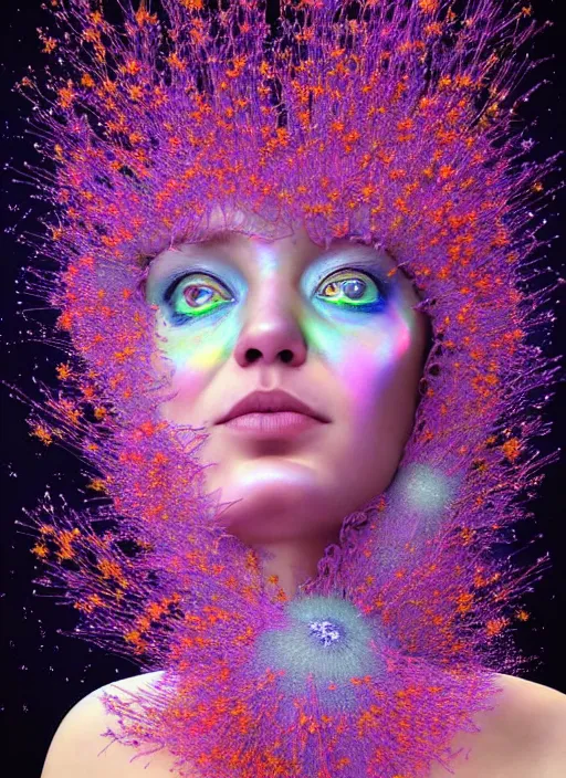 Prompt: hyper detailed 3d render like a Oil painting - Aurora (Singer) looking adorable and seen joyfully Eating of the Strangling network of yellowcake aerochrome cracks and milky Fruit and Her delicate Hands hold of gossamer polyp blossoms bring iridescent fungal flowers whose spores black the foolish stars to her adorable smirking mouth by Jacek Yerka, Mariusz Lewandowski, Houdini algorithmic generative render, Abstract brush strokes, Masterpiece, Edward Hopper and James Gilleard, Zdzislaw Beksinski, Mark Ryden, Wolfgang Lettl, hints of Yayoi Kasuma, octane render, 8k