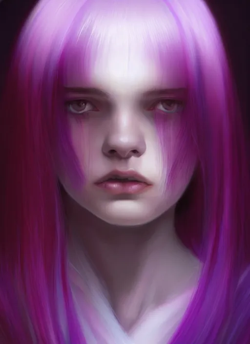 Image similar to hair whitebangs hair, black hair, whitebangs, portrait of teenage girl with white bangs, red irises, purple clothes, white bangs, bangs are different color from hair, intricate, elegant, glowing lights, highly detailed, digital painting, artstation, concept art, smooth, sharp focus, illustration, art by wlop, mars ravelo and greg rutkowski