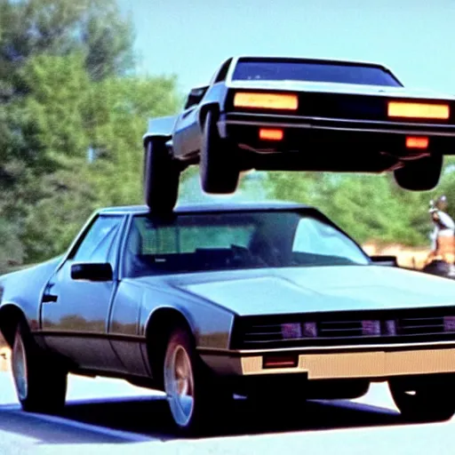 Prompt: movie still of kitt from the knight rider jumping over a truck