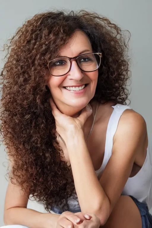 Prompt: slim middle aged woman sitting, brown curly bobbed hair style, glasses slender face, smiling