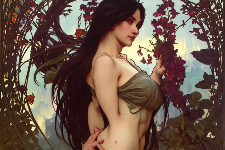 Image similar to ubermench, machiavellian garden, art by artgerm and greg rutkowski and alphonse mucha