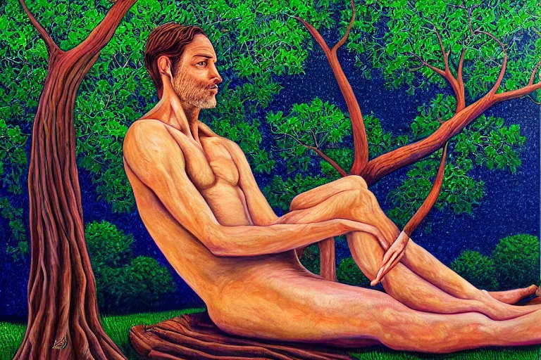 Image similar to painting of a peaceful man relaxing under a tree by alex grey, acrylic art, calm, soothing, cosy, elegant, soft light,