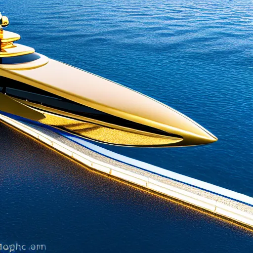 Image similar to gold plated mega yacht with two swimming pools and a helicopter landing pad, docked at harbor, clear and focused, elegant, photograph