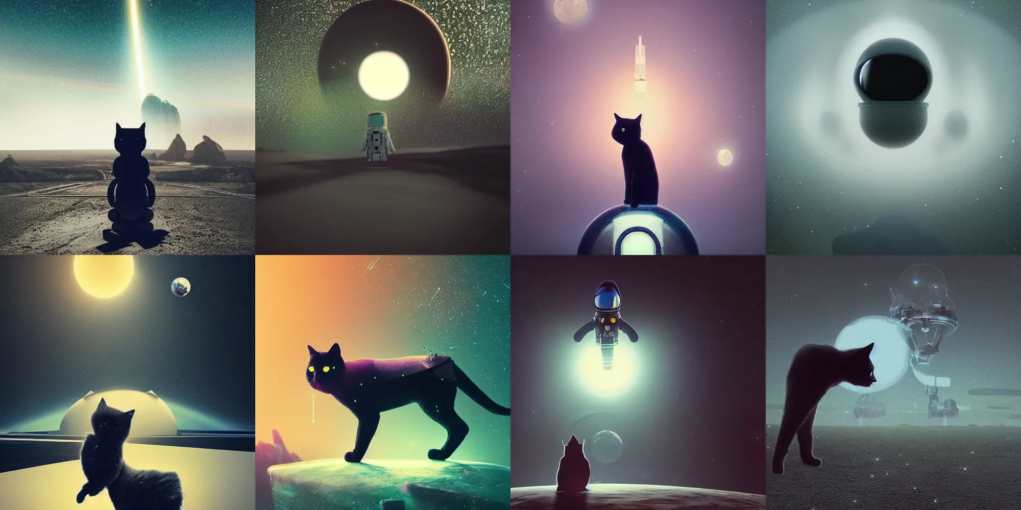 Prompt: beautiful dark landscape, a black cat dressed as an astronaut, in the style of beeple and Mike Winkelmann, intricate, epic lighting, cinematic composition, hyper realistic, 8k resolution,