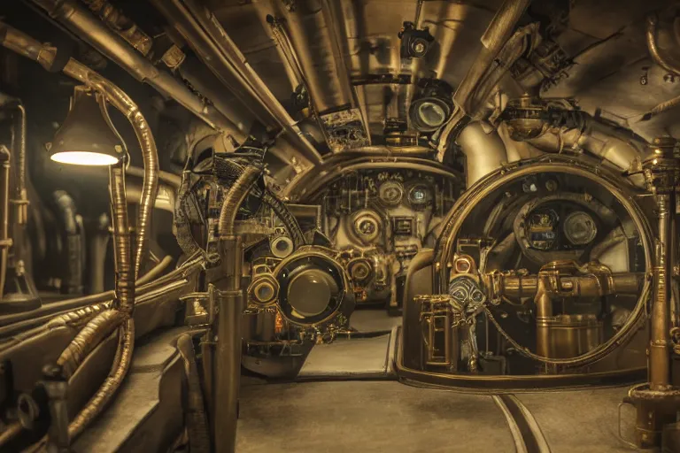 Prompt: photograph of a dieselpunk submarine interior set design, pre - ww 1 submarine, brass wheels, pipes, tubes and gauges, complementar colors, cinematic, haze, arri alexa, anamorphic bokeh, 4 k, graded with davinci resolve