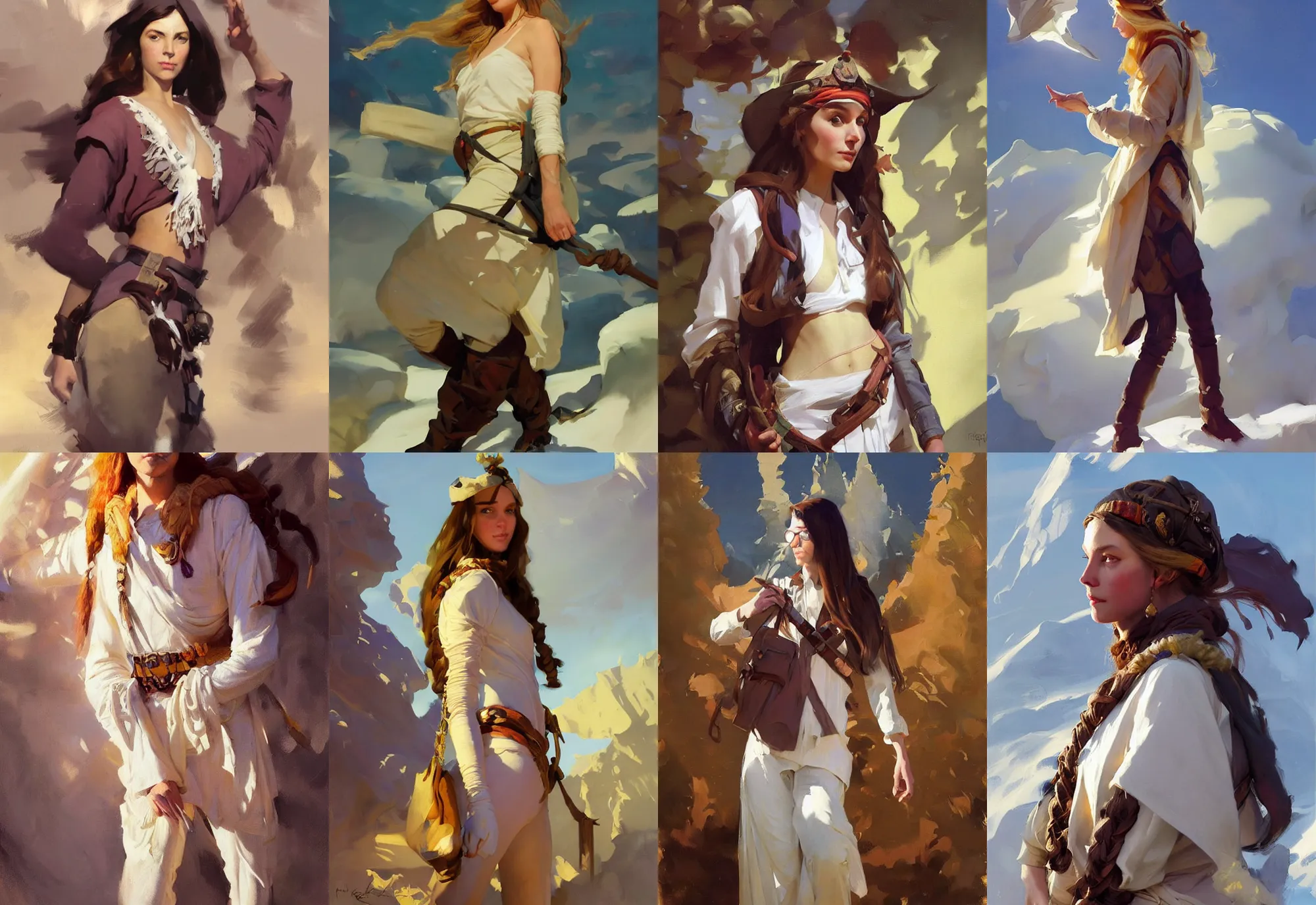 Image similar to in full growth portrait of hippie model girl jodhpurs hyperborea winter traveler treasure hunter greg manchess painting by sargent and leyendecker, fantasy, medium shot, asymmetrical, intricate, elegant, matte painting, illustration, hearthstone, by rhads, by greg rutkowski, by greg tocchini, by james gilleard, by joe fenton