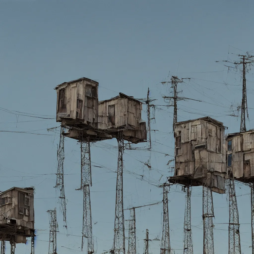 Image similar to close - up towers made up of makeshift squatter shacks with faded colours, plain uniform light blue sky, dystopia, mamiya, very detailed, ultra sharp, photographed by john chiara