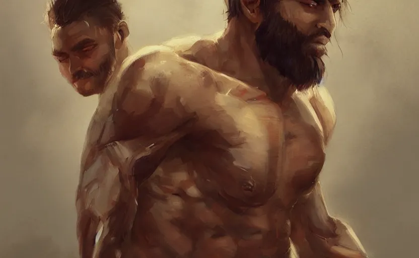 Image similar to a painting of arkul trending on artstation in the style of greg rutkowski, beautiful, male, sensual, natural skin, muscular, stubble, warrior, tattoos