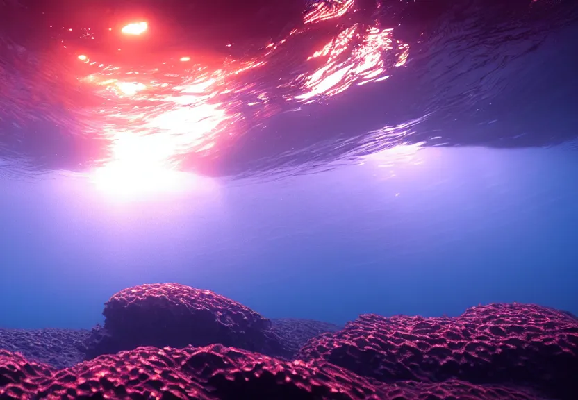 Image similar to ambient rays in the depths of the ocean, fish and corals barely visible, raytracing, unreal engine, nature, caustics, artstation