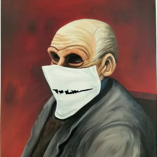 Prompt: painting of an old man wearing a scary mask