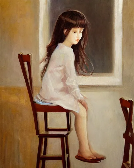 Prompt: the girl is sitting on a very high chair near the ceiling, wonderful eyes, her loose hair, delicate, intricate details, a real masterpiece, oil on canvas, author li zhang