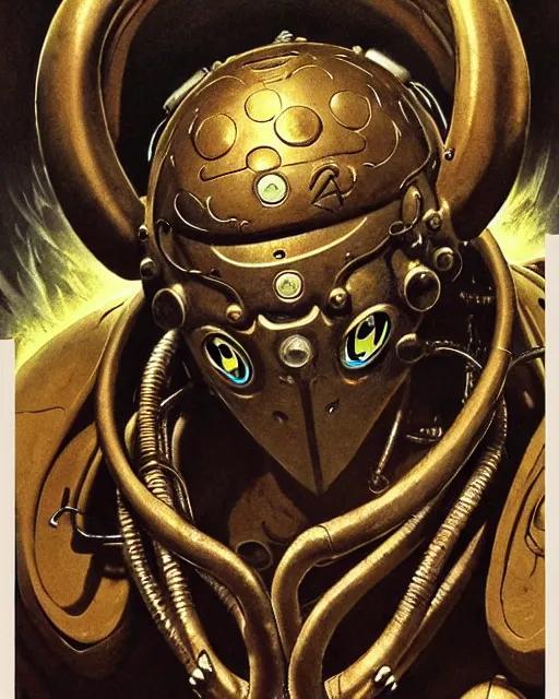 Image similar to zenyatta from overwatch, heavey metal magazine cover, character portrait, portrait, close up, concept art, intricate details, highly detailed, in the style of frank frazetta, r. giger, esteban maroto, richard corben, pepe moreno, matt howarth, stefano tamburini, tanino liberatore, luis royo and alex ebel