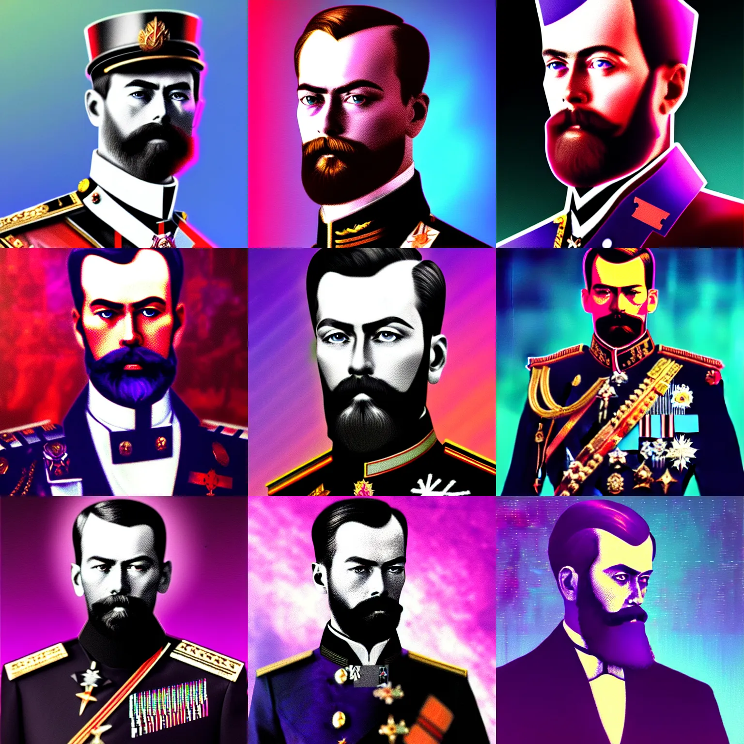 Image similar to Nicholas II of Russia, cyberpunk, synthwave, glitch, digital art, detailed, photo realistic