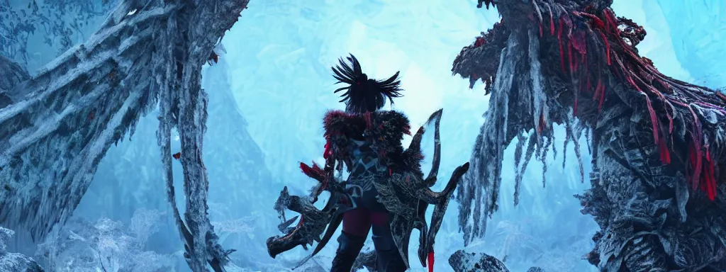 Image similar to frosty warrior woman with a body of ice, walking in a dense alien snow covered frosty jungle, with snow covered colourful red, blue and purple plants, large vines, snow covered arched organic rock structures, in the style of monster hunter world, like concept art on artstation, hyperdetailed, vray render, octane render,