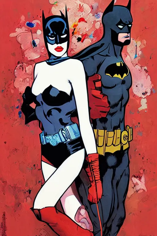 Image similar to a painting by James Jean about Batman and Harley Quinn, cover art, elegant