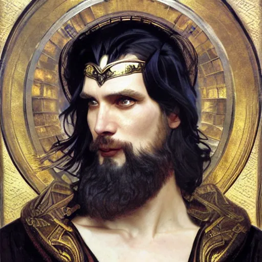 Prompt: pale, beautiful clean-shaven black-haired Viking lord wih sharp features, wearing a gilded black scale armor in the shape of art deco feathers and an arrogant heroic expression, by Greg Rutkowski, Brom, and Alphonse Mucha