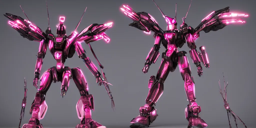 Image similar to a metal insect - like of female gundams like spider is in pink and red collection by merriam, daniel, intricate mechanical details, futuristic, 2 k aesthetic, dramatic lighting, 4 k, 3 d octane render, provenance, detailed, trending on artstation